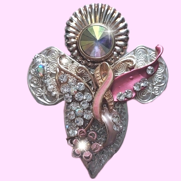Pink Ribbon Breast Cancer Theme Angel Brooch - Picture 1 of 7